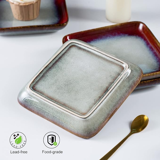 HENXFEN LEAD Small Square Plates 6.3 Inch – Ceramic Dessert, Appetizer & Snack Plates Microwave & Dishwasher Safe – Set of 4, Reactive Glaze Red