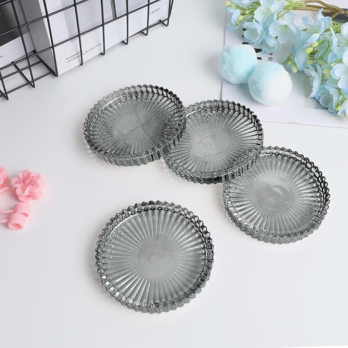 4-Piece Glass Set for Drinks, Round Modern Coasters with Raised Edge Lip, Decorative & Aesthetic for Dining Table, Living Room, Office Desk