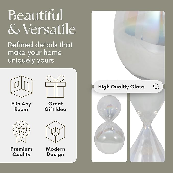 Cassandra Iridescent Hourglass Decorative Object – Small Glass Teardrop Silhouette Modern Home Decor – Shelf Display & Coffee Table Decor for Office & Living Room – 20", Frost