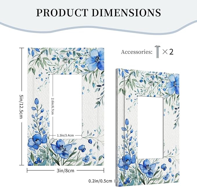 Outlet Covers Blue Watercolor Flowers Retro Floral Leaves 1 Gang Wall Plate Single Rocker Light Switch Cover Decorative GFCI Receptacle Electrical Switchplate for Bathroom Bedroom Decor（2 Pack）