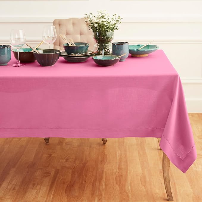 Solino Home Linen Flamingo Pink Tablecloth 60 x 144 Inch - Classic Hemstitch, 100% Pure Linen Rectangular Tablecloth - Machine Washable Table Cloth for Valentines, Spring, Easter