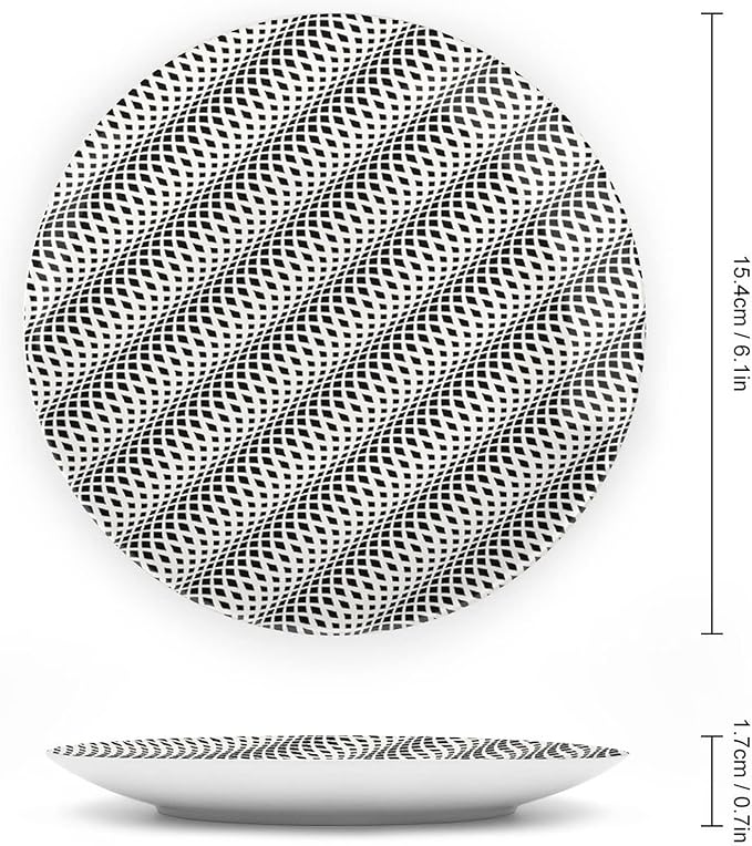 Ceramic Display Plate, Abstract Ceramic Hanging Decorative Plate, Wavy Rhombus Abstract Modern Monochrome Decor, 8 Inch, Household Custom Ceramic Plate, Black White