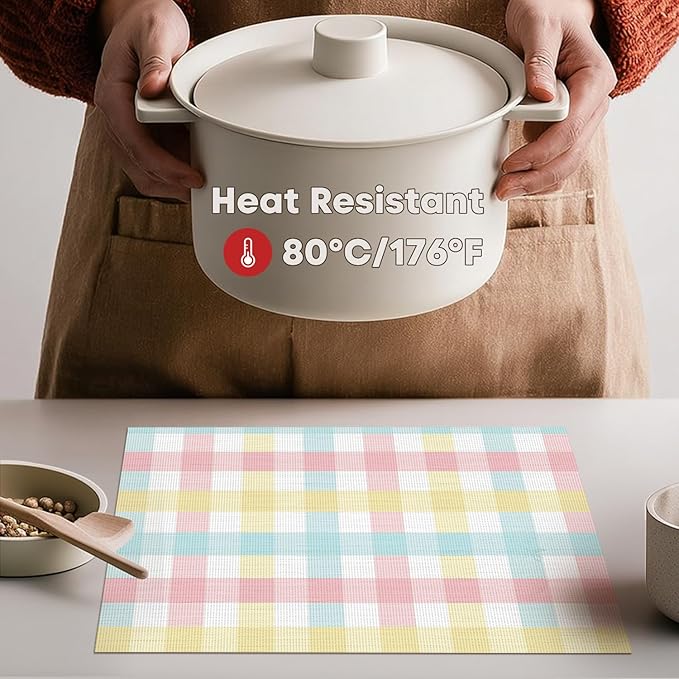 Artoid Mode Buffalo Plaid Vinyl Placemats Set of 4, 12x18 Inch Washable Non-Slip Heat Resistant Plastic Place Mats for Party Dining Table, Pink/Blue