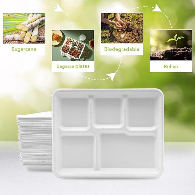 three leaf 5 COMPARTMENT BAGASSE (SCHOOL) TRAY 150 Ct. Heavy-Duty- Super Strong- Natural- Eco-Friendly Disposable Bagasse Plates, 100% Biodegradable 5 Compartment meal Plates
