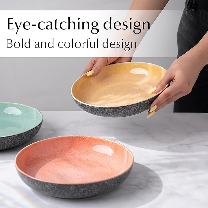 MIAMIO - Soup Plates Set of 6 (29 oz) / Pasta Bowls, Colorful Bowls for Pasta, Salad, Soup, Spaghetti/Microwave and Dishwasher Safe Bowls - Las Palmitas Collection