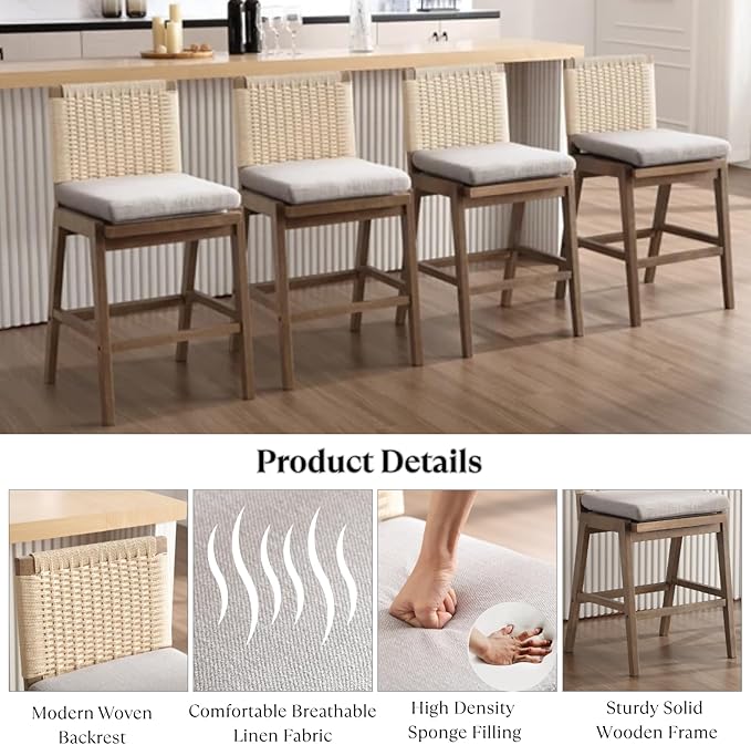 Mid Century Modern Counter Height Barstools Set of 2, 27” Linen Upholstered Counter Stools with Rope Woven Back Wooden Farmhouse Bar Stools for Kitchen Island Dining Room,Grey