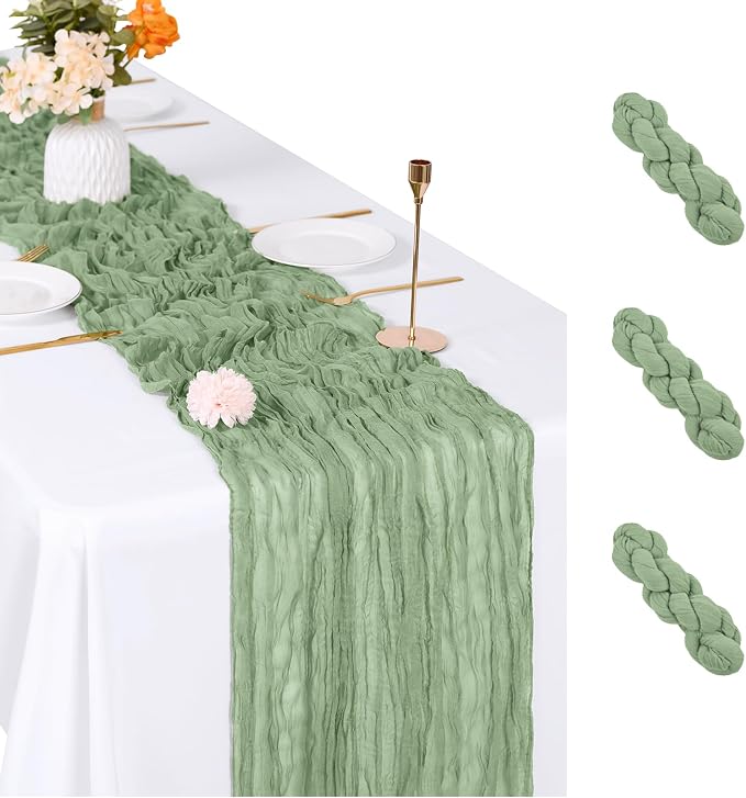 3 Pack Sage Green Cheesecloth Table Runner, 17 x 108 inch, Semi Sheer Boho by ACSUIT