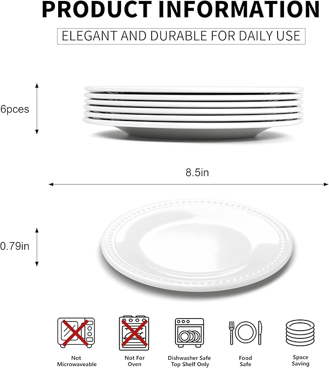 Melamine Beaded Appetizer/Salad/Dessert/Side Plates,Basic White Set of 6,8.5 inch,Platter,Serving Dishes,Kid-Friendly,Chip and Break-Resistant,Dishes Set for Valentine's Day, Weddings & Everyday Meals
