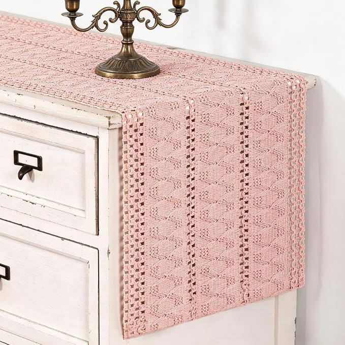 Pink Boho Table Runner Farmhouse Macrame Woven Table Runner 12x48 Inch | Small - Image 2