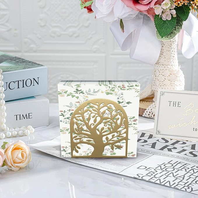 Tree of Life Gold Metal Napkin Holder, Upright Metal Tabletop Napkin Holder with Cushioned Base for Kitchen & Dining Table.