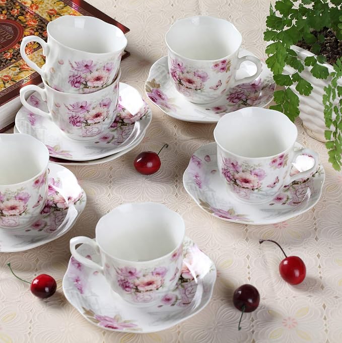GuangYang 7 oz Porcelain Tea Cups and Saucers set of 6 - Image 7