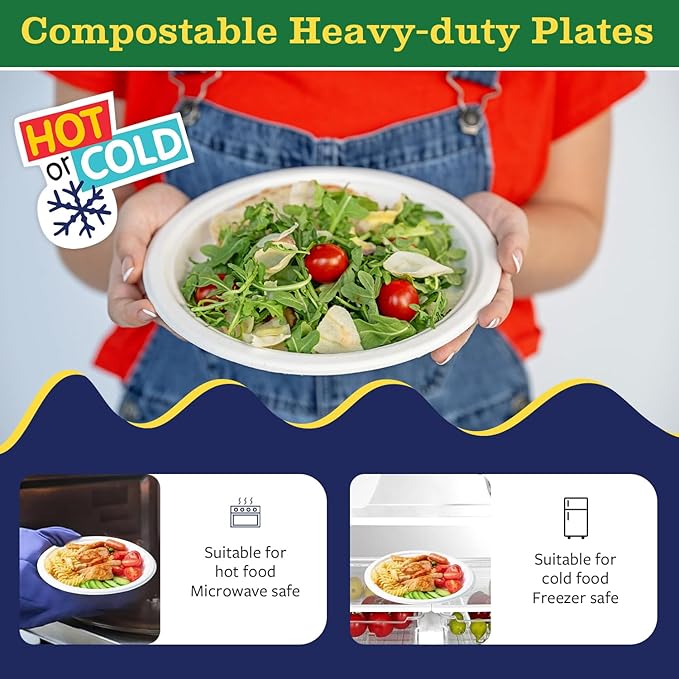 10” Compostable Plates, 125-Pack | Biodegradable Sugarcane | Sturdy, Microwave-Safe Disposable Plates for Parties & Events