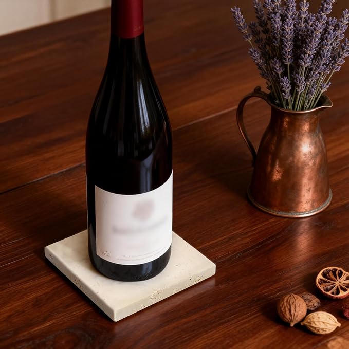 Natural Marble Coasters, Square Costers, Luxury Aesthetic Modern Decor for Coffee Table Bar Kitchen Home, Travertine Marble, Real Natural Semi Absorbent Stone Coasters