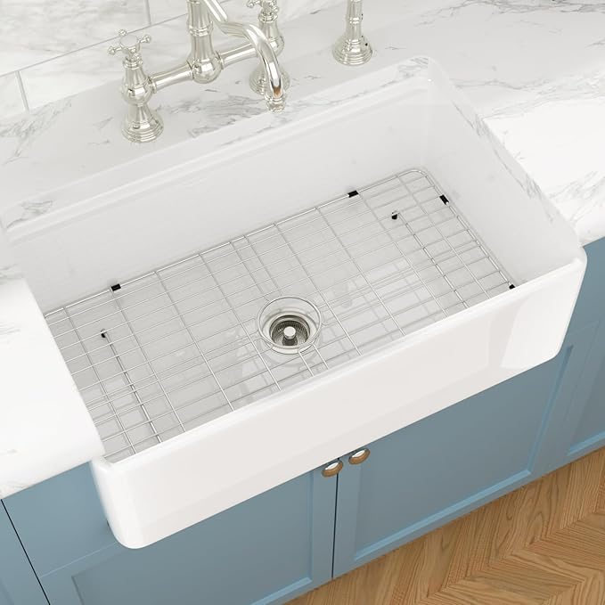 Sarlai 30 White Farmhouse Kitchen Sink - 30x20 Inch Farm Kitchen Sink Ledge Workstation White Ceramic Porcelain Fireclay Farmer Sinks 10" Inch Deep Single Bowl Basin with Assesories