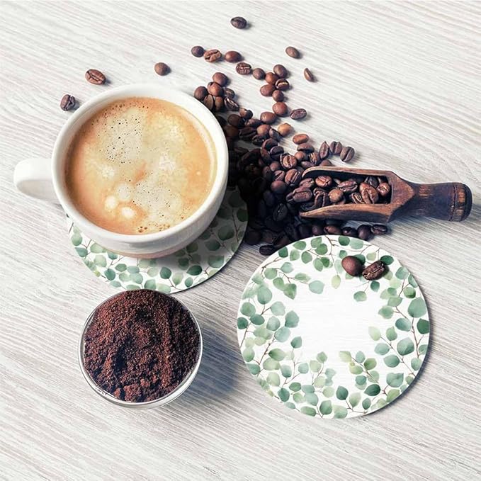 Eucalyptus Round Leaf Coasters Set for Wood Table Green Branches and Leaves Twig Natural Plant Foliage Tabletop Protection Mat for Mugs and Cups 4 Inch for Kitchen Office Home