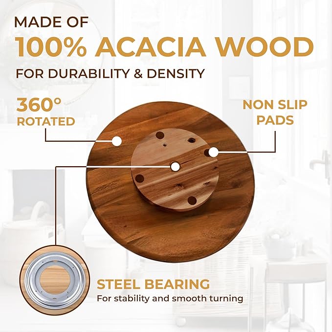 18" Acacia Wood Turntable Organizer | Lazy Susan for Table Top, Cabinet or Pantry | Wooden Rotating Tray for Kitchen Countertop, Durable, Easy to Clean, No Assembly Needed