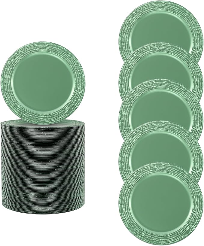 100 Pcs Green Charger Plates Bulk, 13 Inch Antique Plastic Round Chargers Set, Textured Decorative Dinner Plates for Wedding Party Banquet Event Festival Table Decoration (Green)