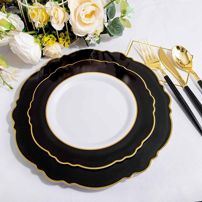 WDF 30Guest Black and Gold Plastic Plates - New Year Plates - Gold Plastic Silverware With Black Handle Baroque Black and Gold Disposable Dinnerware for New Year &Parties
