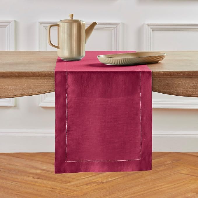 Solino Home 100% Pure Linen Dining Table Runner Beet Hemstitch, 14 x 120 in | by SolinoHome