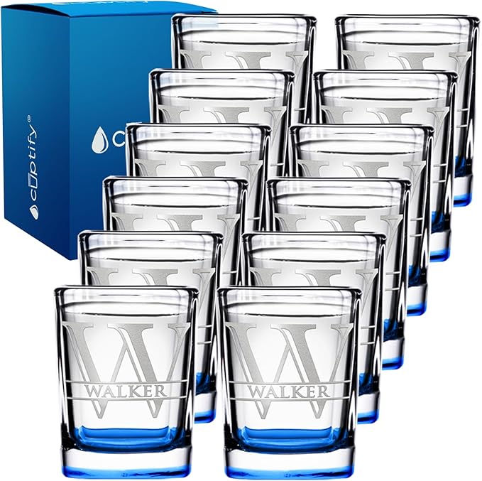 Personalized Square Shot Glasses Set of 12 Blue Bottom 2oz Engraved Initial and Name Custom Gifts, Weddings, Birthdays, Party, Event, Decorations