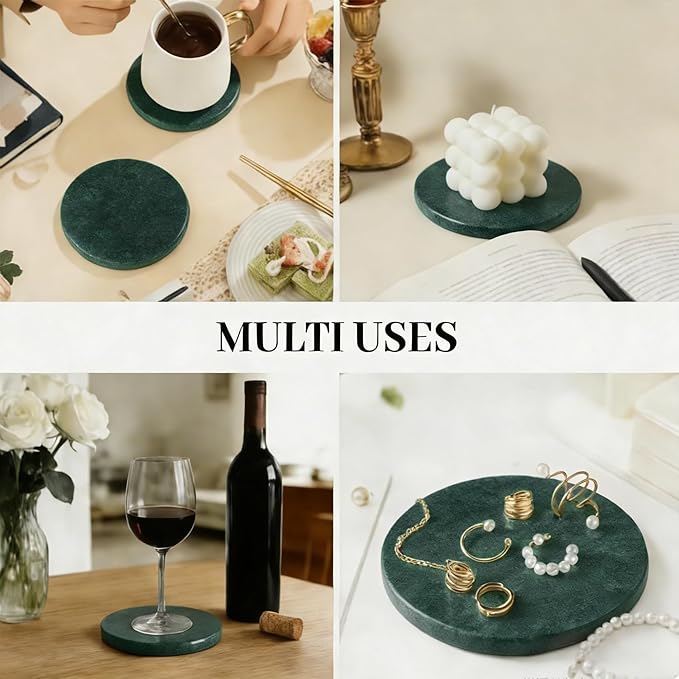 Natural Marble Coasters, Round Costers, Luxury Aesthetic Modern Decor for Coffee Table Bar Kitchen Home, Green Marble, Real Natural Semi Absorbent Stone Coasters