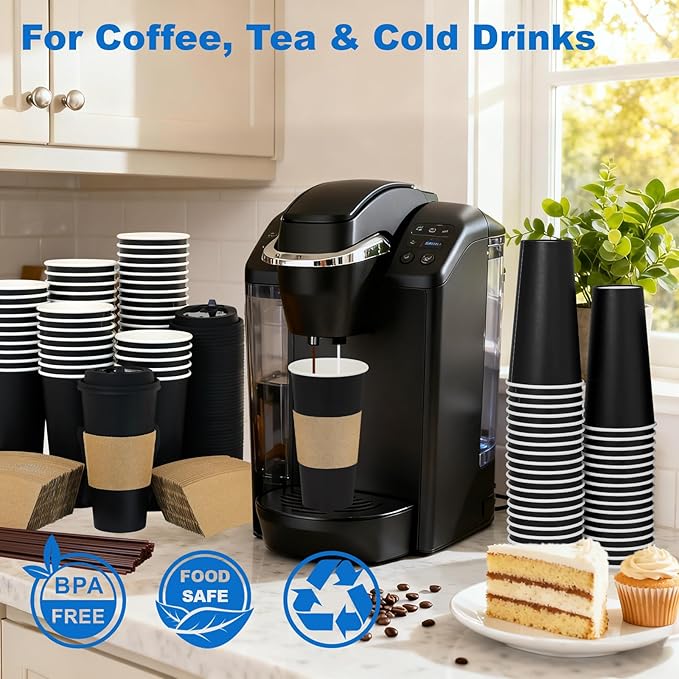 20 oz 100 Pack Coffee Cups with Lids and Sleeves, Straws, Hot Disposable To Go Travel Paper Cups Bulk for Office, Home Coffee Bar Accessories, Chocolate, Cocoa, Beverage (Black)