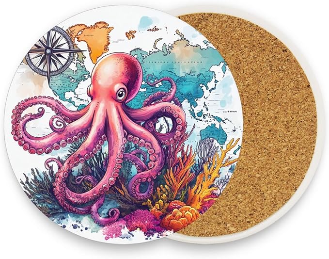 Coasters for Drinks Coaster Drink Set Decorative Coffee Table Desk Cup Mat Spring Cute Cork Bar Backing Round Home Decor Octopus and Compass34