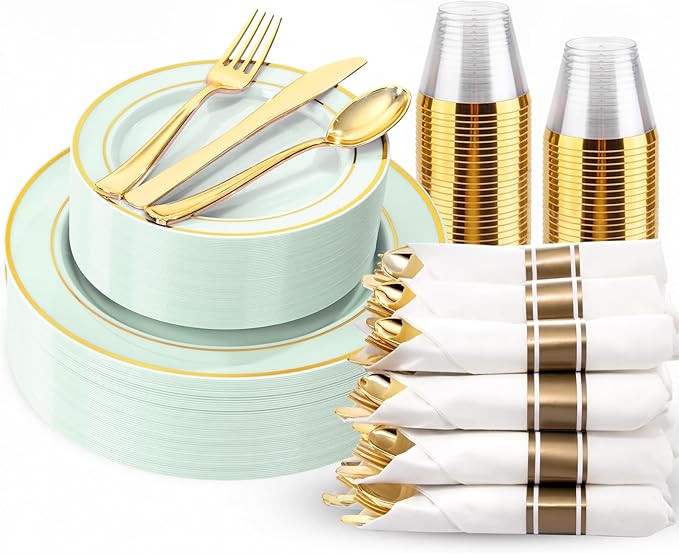 175PCS Sage Green Plastic Plates - Heavy Duty Green Plates Disposable - 25Guests Plastic Dinnerware with Rolled Napkins for Spring/Birthday/Baby Shower/Easter