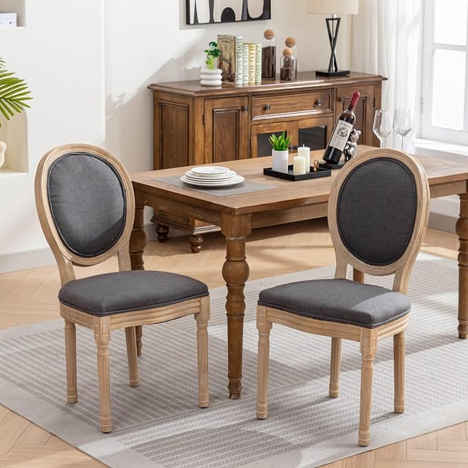 Vintage French Dining Chairs Set of 4, Round Back Accent Chairs with Linen Seat and Solid Wood Frame, Farmhouse Sillas de Comedor Upholstered for Dining Room & Kitchen, Gray
