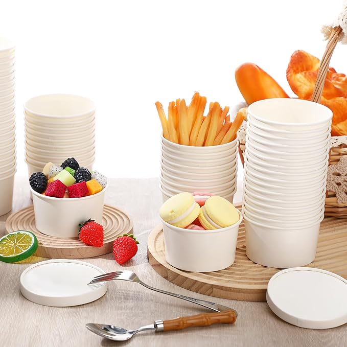 Fulmoon 100 Pack Paper Soup Containers with Lids Disposable Paper Food Containers with Vented Lid Kraft Ice Cream Cake Dessert Cups Soup Bowl for Party Hot Food Fruit Microwave(6 oz,White)