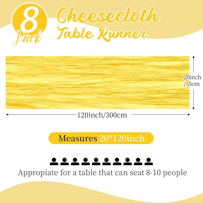 8 Pack Lemon Yellow Cheesecloth Table Runners 20x120 Inch Gauze Table Runner - Image 2