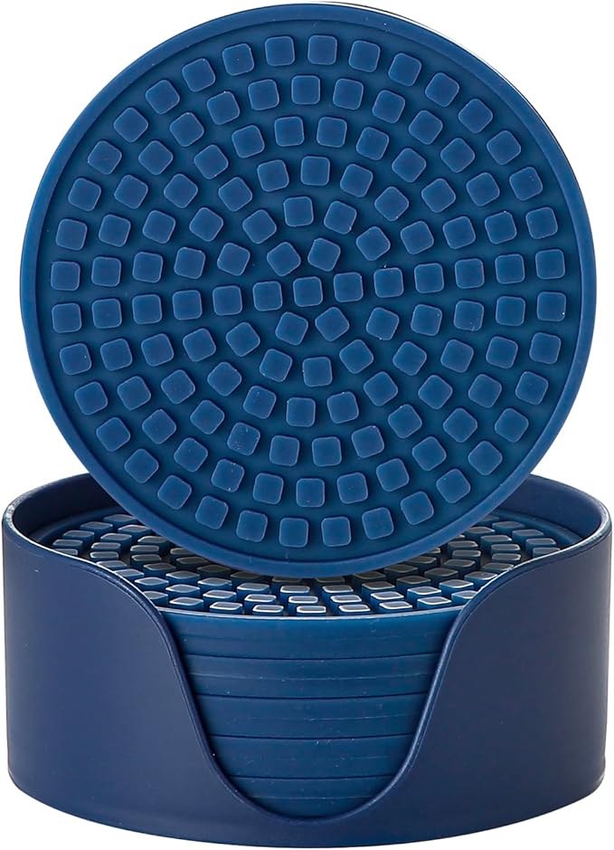 Colinda Silicone Drink Coasters with Holder, Set of 6, Outdoor Cup Mat for Hot or Cold Drinks, Thickened, Non-Slip,Non-Stick, Navy Blue