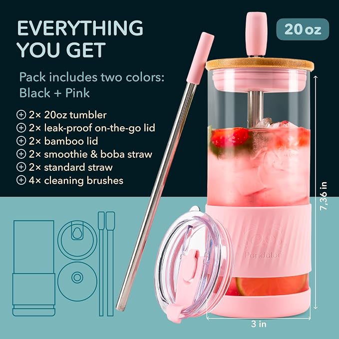 Pandaloo® Glass Cups With Lids and Straws -20 Fl Oz- Perfect Size Iced Coffee - Image 2