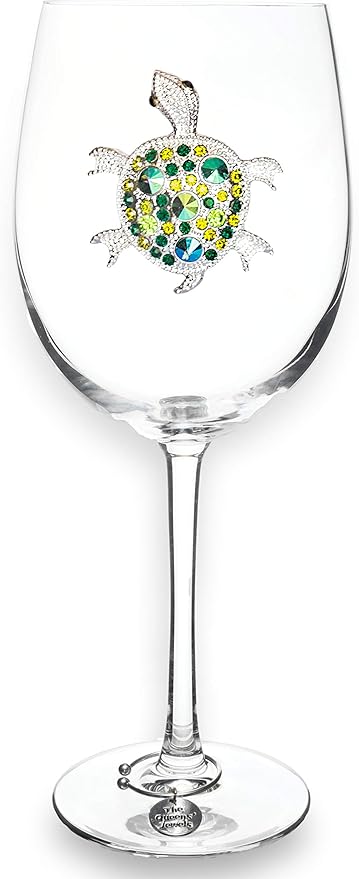THE QUEENS' JEWELS Turtle Jeweled Stemmed Wine Glass, 21 oz. - Colorful and Unique - Hand-Set Rhinestones, Not Painted