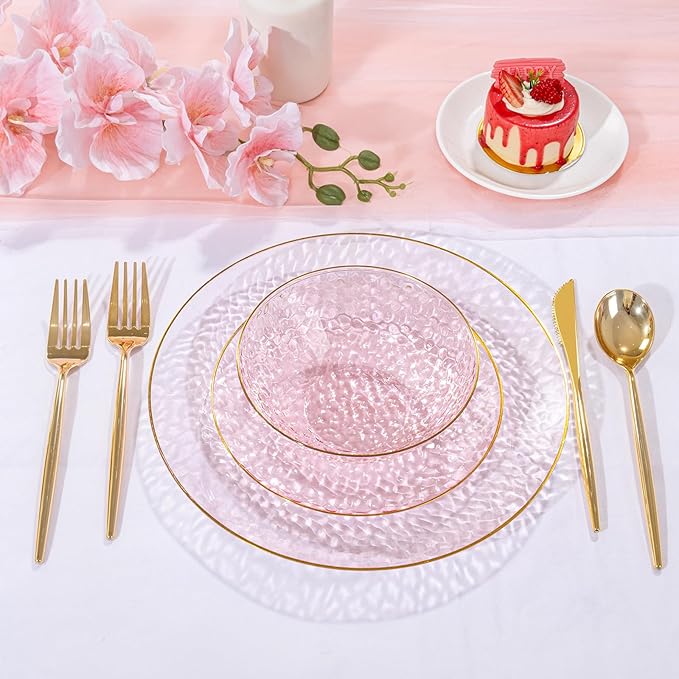 Rubtlamp 50 Pack Clear Pink Disposable Bowls, Clear Plastic Bowls with Gold Rim, 12-16oz Premium Heavy Duty Plastic Dinner Bowls for Party, Wedding and Holiday