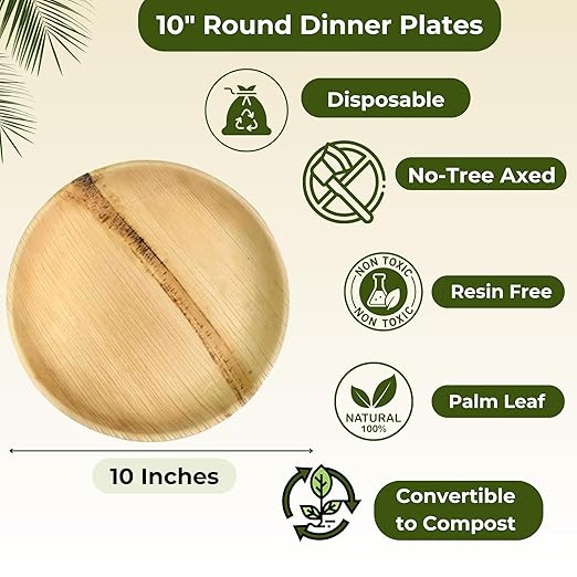 Dtocs Palm Leaf Plates 10 Inch Round (100) | Bamboo Plates Disposable Like Compostable Dinnerware Set for Party, Dinner, Serving Platters, Charcuterie Boards | Alternate to Plastic, Wood, Paper Plate
