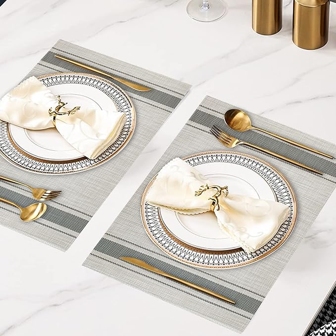 DACHUI Placemats Set of 6, Soft & Elegant Woven Vinyl Place Mats, Water Resistant, Heat Resistant, Washable, Durable Table Mats (Grey Stripes)