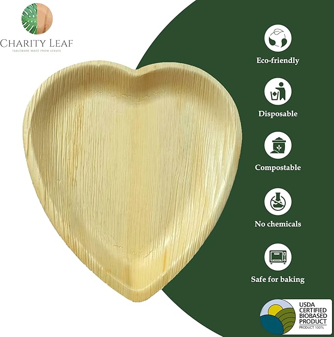 Charity Leaf Disposable Palm Leaf 10" Heart Plates (25 pieces) Bamboo Like Serving Platters, Disposable Boards, Eco-Friendly Dinnerware For Weddings, Catering, Events