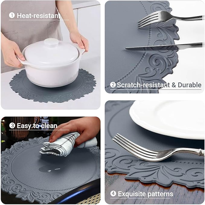 Noctiflorous Round Faux Leather 15 Inch Placemats Set of 4 Waterproof Wipeable Heat Resistant Tablemat for Dining Table Kitchen Non Slip Washable Oilproof Table Place Mat(Graphite Gray, 4)