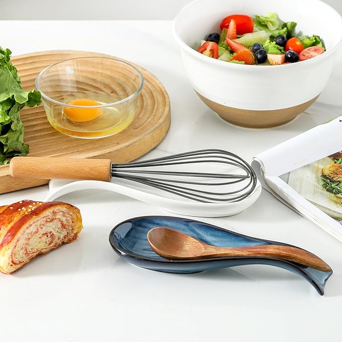 Ceramic Spoon Rest for Stove Top,Large 8.7 Inch Spoon Holder for Kitchen Counter,Porcelain Rest for Thankgiving and Christmas Gift,Dishwasher Safe and Heat-Resistant,White and Blue(2 PC)