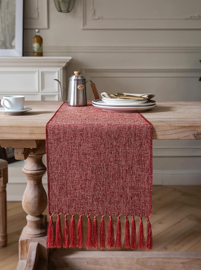 Red Table Runners 108 Inches Long, Burlap Linen Style Rustic Farmhouse Table - Image 2
