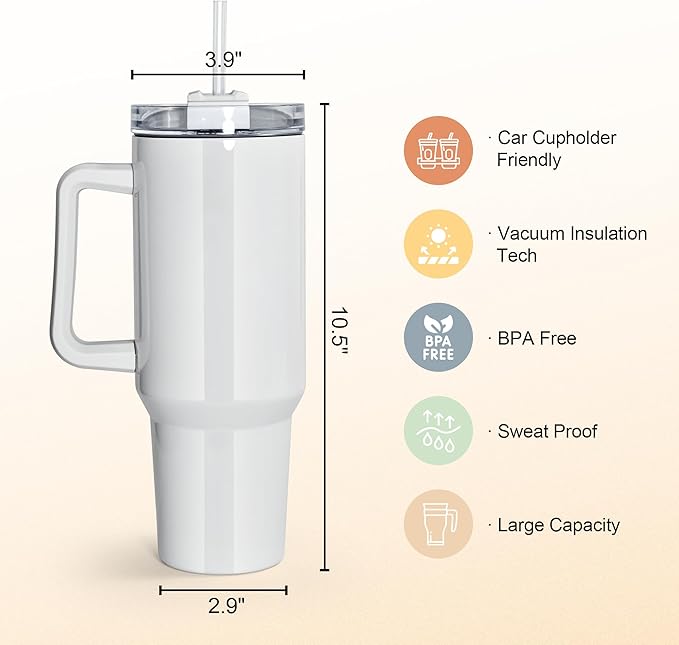 40 oz Sublimation Tumblers with White Handle Lid and Straw 12 Pack Stainless Steel Double Wall Vacuum Insulated Travel Mug Cup Bulk Sublimation Blank for DIY Gift