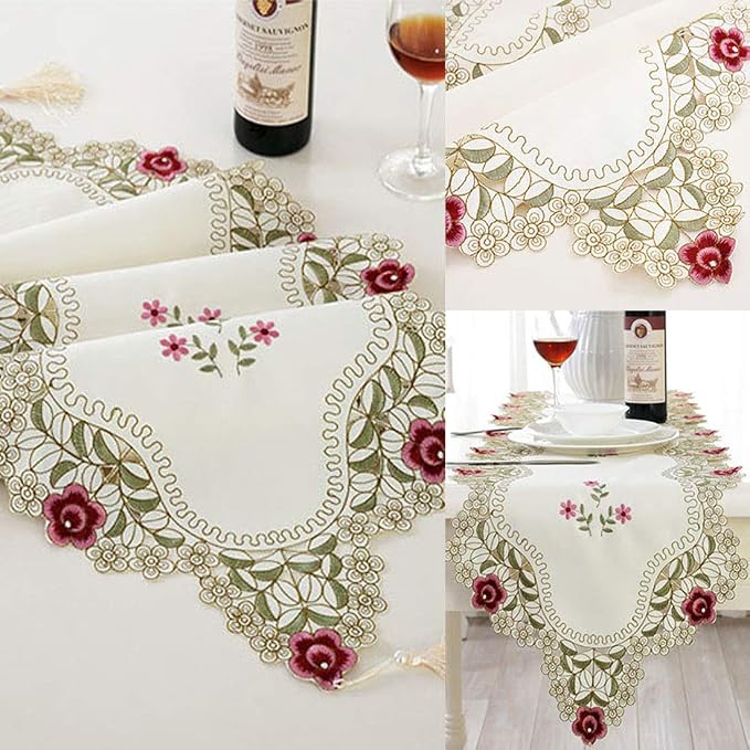 LeLehome 15 Inch X 69 Inch Classic Table Runner, Lace Flowers Embroidered Beige - Image 3