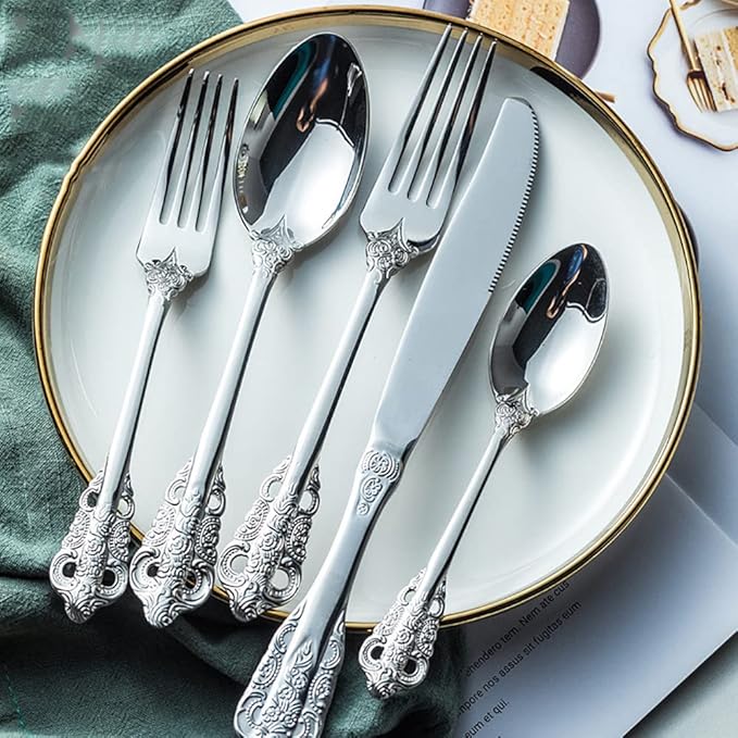Silverware Set for 16 Premium 18/10 Stainless Steel Flatware Set Palace Style 80 Piece Cutlery Tableware Utensils Embossed Decorative Handle Knives Forks and Spoons for Home Christmas Wedding