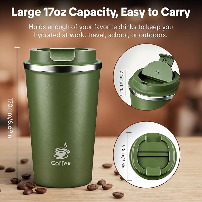 17oz Travel Coffee Mug, Leakproof Vacuum Coffee Cup Insulated Tumbler | 304 - Image 3