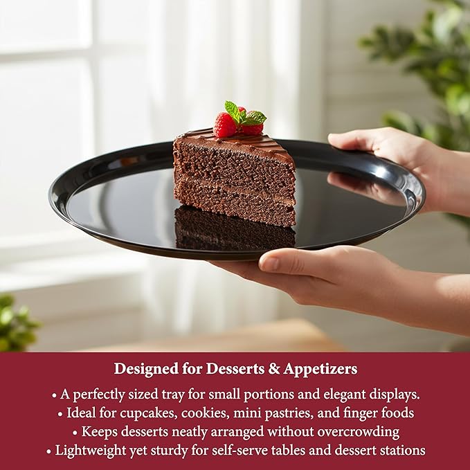 Smarty Had A Party 12 Inch Black Round Plastic Serving Tray – Heavy-Duty Party Platters & Catering Trays, Reusable or Disposable Plastic Trays for Serving Food, Elegant Party Tray Set of 25