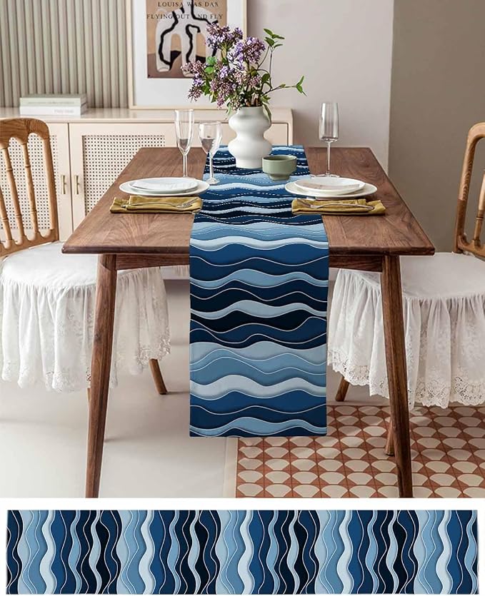 Abstract Blue Moire Table Runners 90 Inches Long, Cotton Linen Fabric Table - Image 6