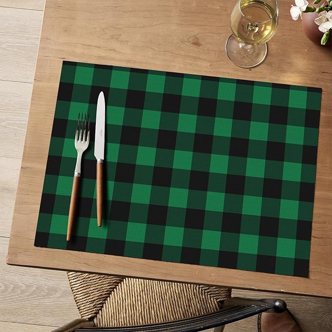 Artoid Mode Buffalo Plaid Vinyl Placemats Set of 4, 12x18 Inch Washable Non-Slip Heat Resistant Plastic Place Mats for Party Dining Table, Black/Green