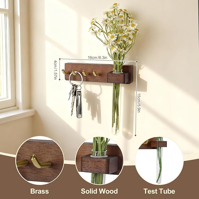 Key Holder Wall Mount, Solid Wood Key Holder for Wall with Planter Tube & 4 Brass Hooks, Decorative Renter-Friendly Wall Key Rack Hanger for Entryway Kitchen Living Room Car Keys