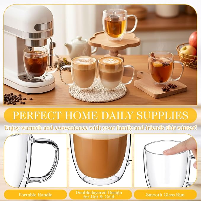 Patelai Glass Coffee Mugs Set of 6, 16 oz Clear Double Walled Coffee Cups - Image 3